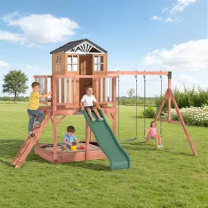 Kids Wooden Outdoor Swing Set with Elevated Playhouse, Wave Slide, Belt Swings & Sandbox, Backyard Playset for Toddlers and Kids