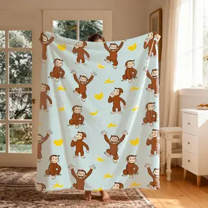 Curious George Monkey Banana Theme Flannel Printed Blanket, Large Size, Soft Lightweight Warm, Perfect for Bed Sofa Office Camping Travel, Warm Nap Blanket
