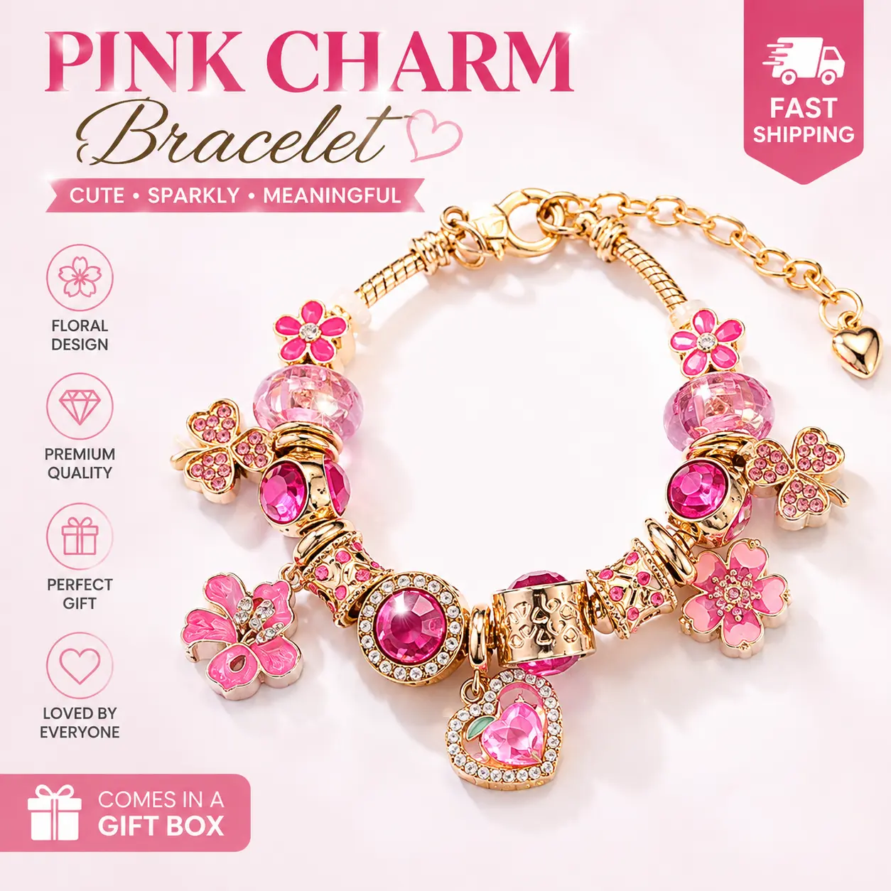 Pink Peach Flower Butterfly Charm Bracelet, Gold Adjustable Snake Chain Beaded Bracelet, Hot Pink Crystal Rhinestone Floral Wrist Jewelry, Sweet Kawaii Peach Pendant Bracelet Gift for Teen Girls Women