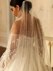 A new bridal accessory with inlaid artificial pearl headdress, exquisite mesh headdress, Wedding veils, wedding dress accessories in plain color, 1.5-meter-long, also suitable for wedding travel and photography