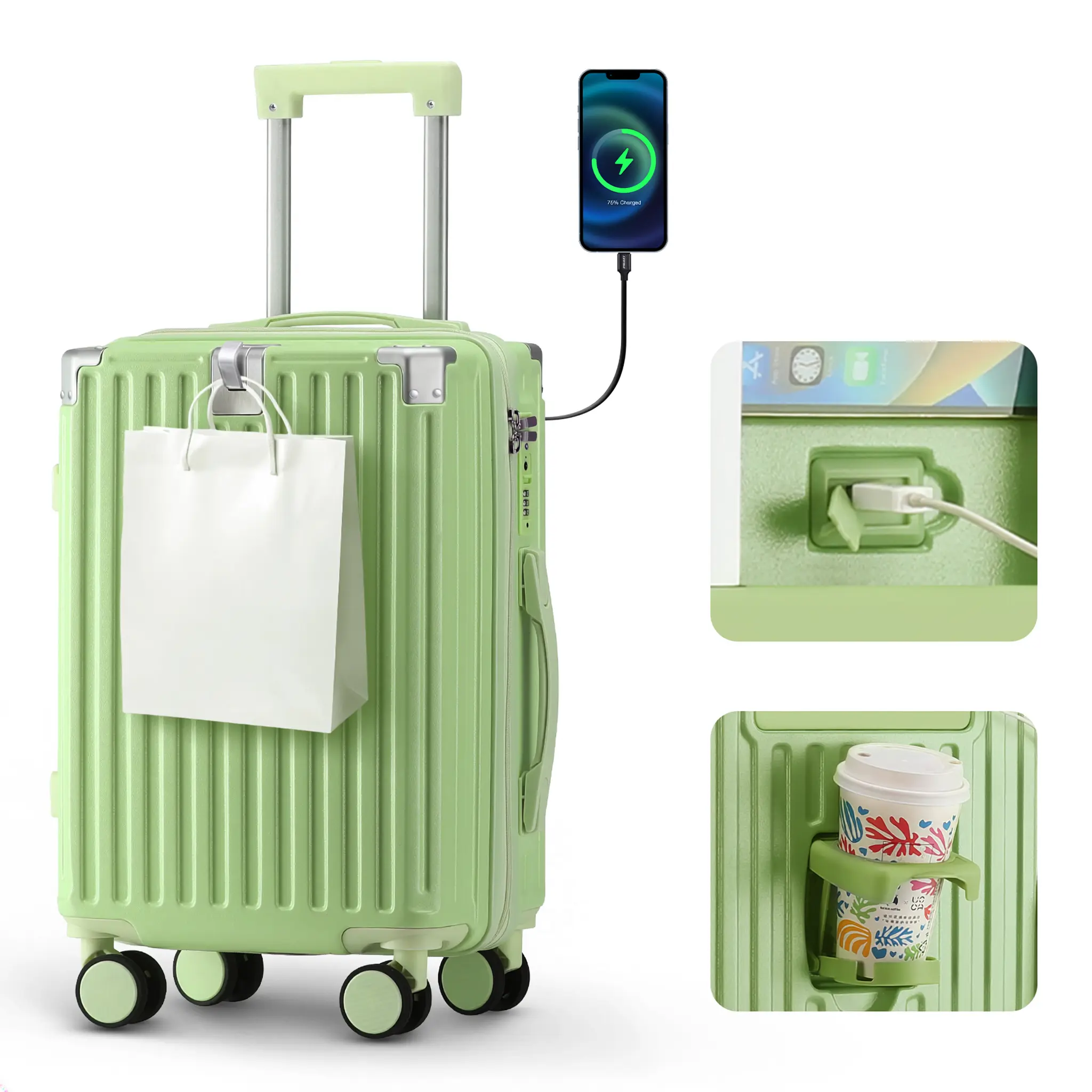 Back to School Luggage with USB Port & Cup Holder, 20/24/28 Inch Hardside Spinner Suitcase for College Dorm Move-In, Carry On Travel Luggage with TSA Lock, Side Hook, 360° Double Wheels, Durable Hard Shell for Weekend Trips