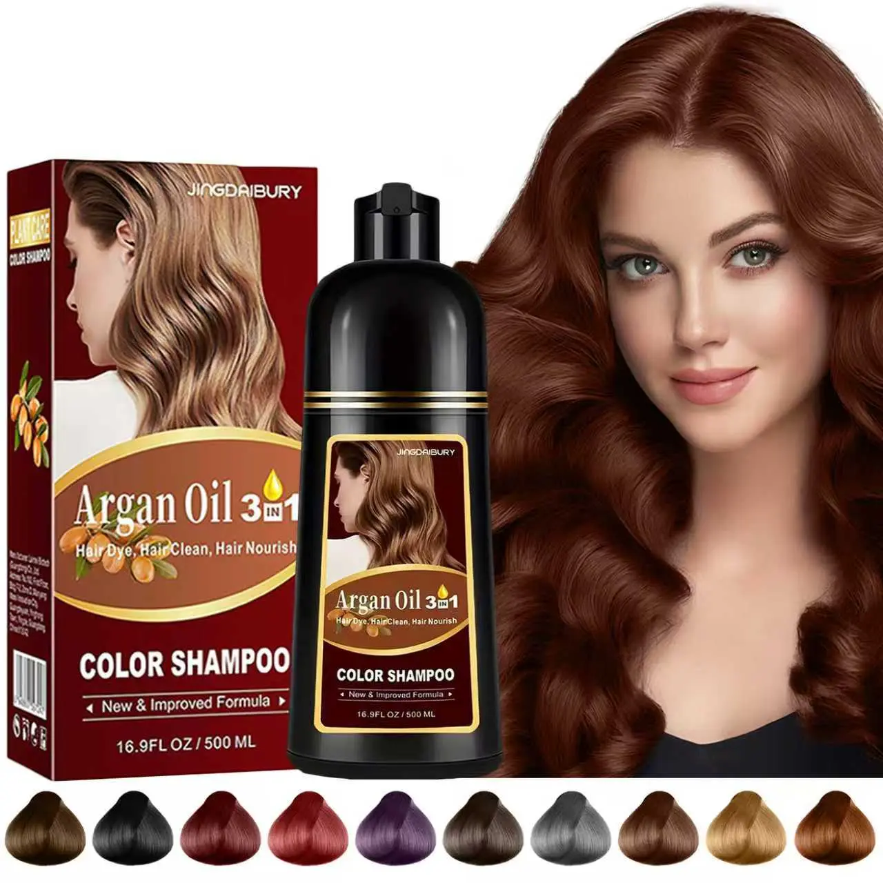 Argan Oil Cherry Brown 3-in-1 Hair Dye Shampoo, Instant Herbal Hair Color for Women & Men, Color in 10-15 Mins, 100% Coverage for All Hair Types, Anti-Gray Hair Shampoo