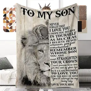 To My Son Double-Sided Modern Flannel Blanket, 1-Count Lion & Slogan Heat Print Cozy Throw, Decorative Giftable Soft Comfortable Textile for Gifting