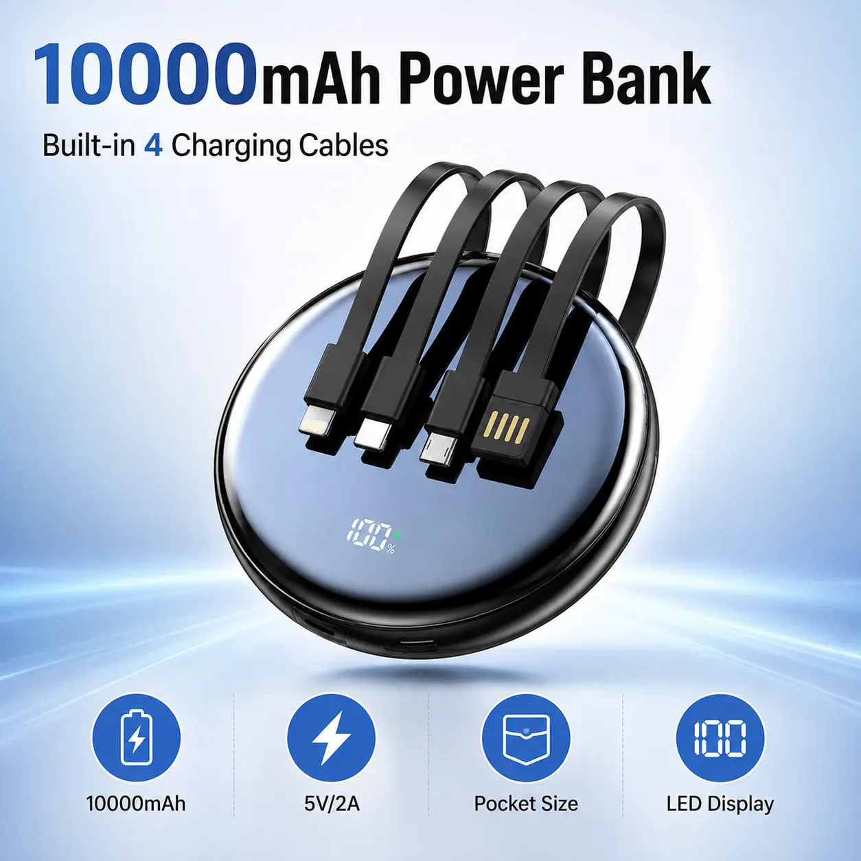 10000mAh Portable Battery Power Bank with 4 Built-in Cables, LED Digital Display, Lightning-USB-C-Micro USB Ports, Charging Protection, Rechargeable for iPhone, Android, Travel, Daily Use