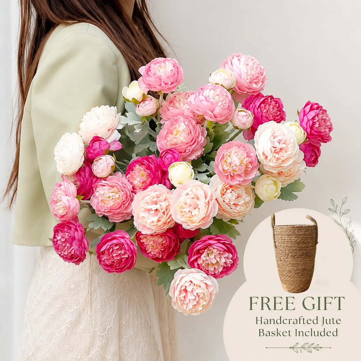 Woven Basket Included, No Vase Needed | DANQAVEY Premium Silk Ranunculus & Peony Eternal Flower Bouquet, Realistic Faux Blooms - Pink, Light Pink, White, 3-in-1 Set, 20 Stems, with Boxes, Wedding Bridal, Bedroom & Entryway Decor, Dorm Essentials