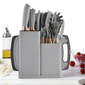 19 pcs set of kitchen utensils for a family chef, including 11 heat-resistant silicone utensils, 6 sets of sharp knives, 1 set of cutting boards, and black cookware, made of wood and plastic materials. Celebrating the Coachella Music Festival