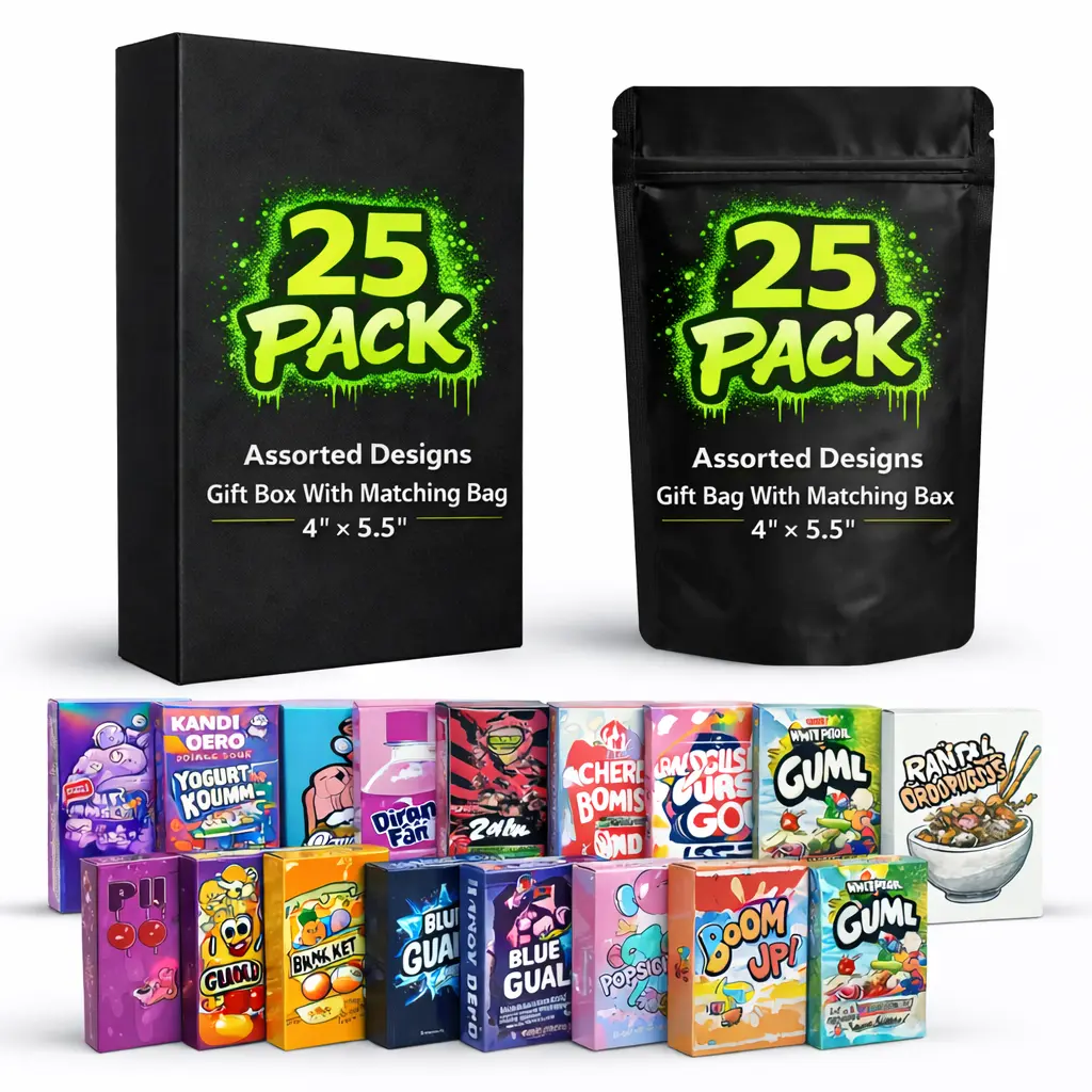 25 Pack 3.5g Small (3.5inx 5in) Gift Boxes with Matching Zip Bags Mystery Bundle - Assorted Designs
