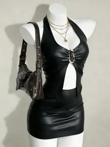 Y2K Sexy Set: Metal Buckle Cutout Tank Top + Bodycon Mini Skirt, Party Date Essential, Women's Fashion