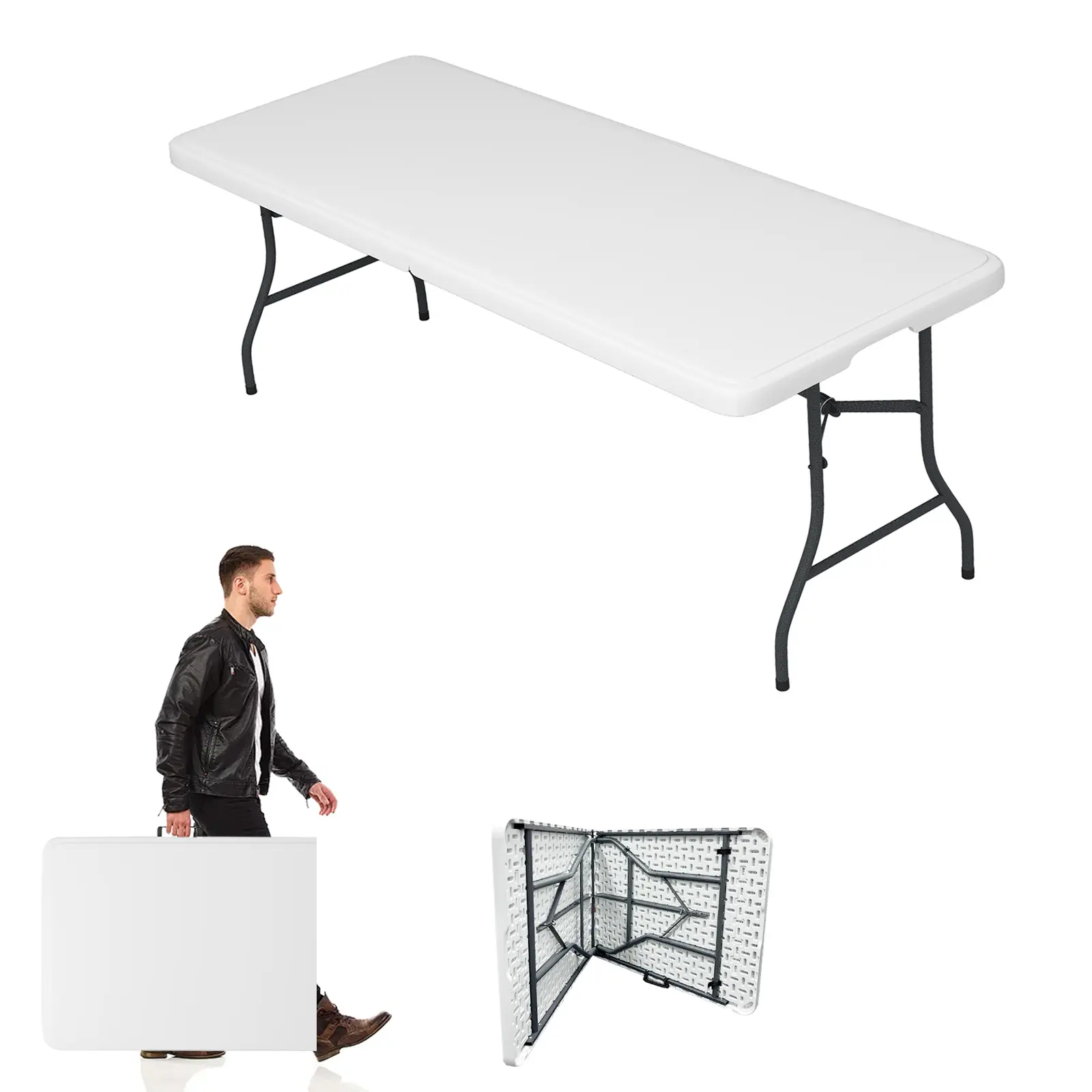 Spaco 6ft Heavy Duty Plastic Folding Garden Dining Table - Lightweight Outdoor Picnic Table with Built-in Handle, Steel Legs, Fold-in-Half Design, Multi-Use for Camping, Picnic Table Outdoors