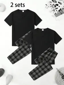 2 Sets Unisex Matching Pajamas Set Soft Breathable Short Sleeve T-Shirt & Checked Plaid Long Pants Loungewear Sleepwear Nightwear Casual Home Wear for Men Women Couples Comfort Cozy PJs for All Seasons Daily Relaxation Lounge Wear Night Clothes Sleep Set
