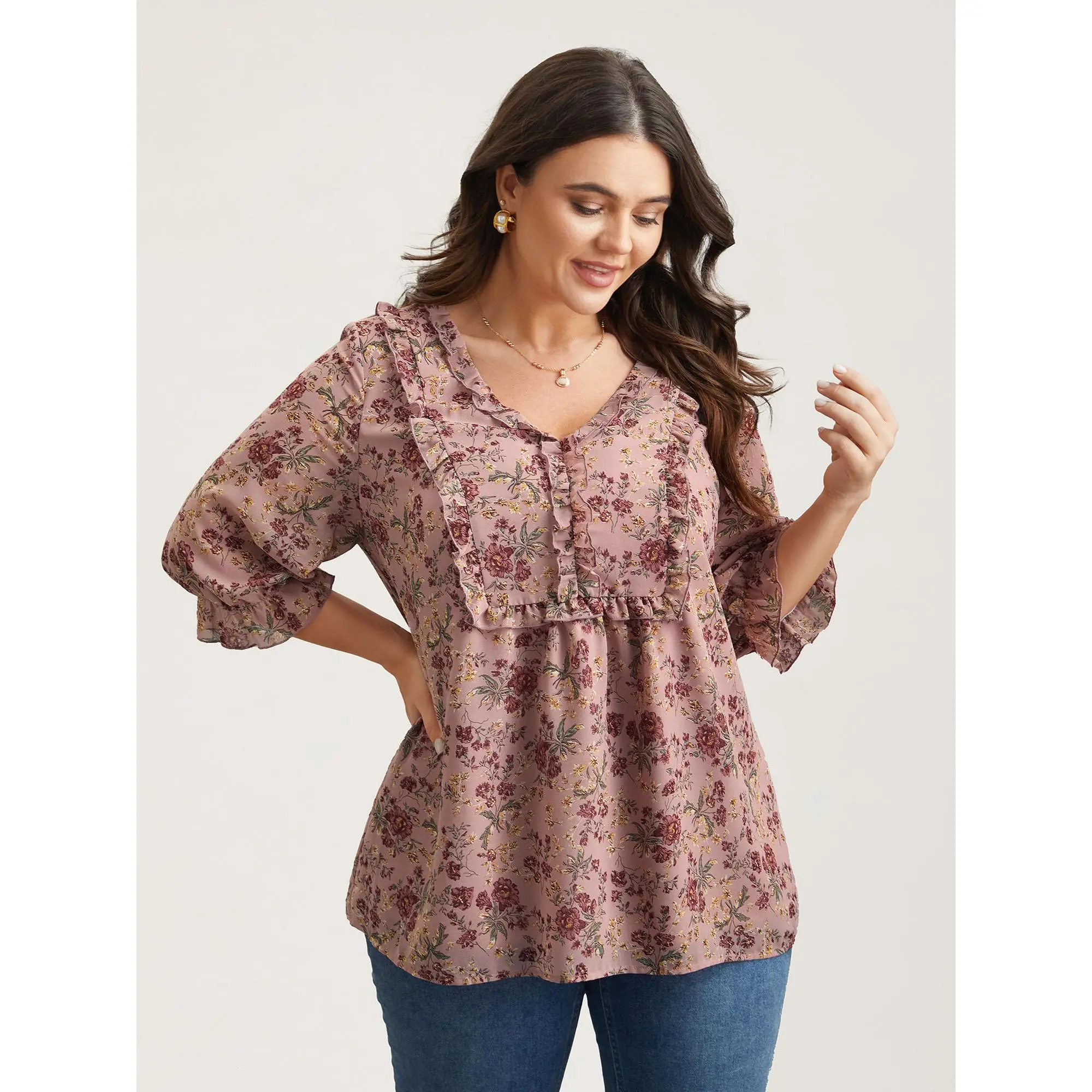 Women's Plus Size Floral Blouse, Romantic V-Neck Tunic Top with Ruffled Lantern Sleeves, Polyester Garment, Flowers, Plus Size Tops, Romance, Lady, Shirts, Fabric, Modest Fashion, Gifts For Women, Elbow-Length, Ruffles, Machine Wash