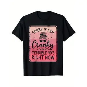 [Plus Size Graphic Tee] Black Cotton Women's Plus Size Casual Graphic T-Shirt - 'SORRY IF I AM' with Vintage Messy Bun Illustration, Gradient Pink Background, Loose Fit, Round Neck, Perfect for a Fun but Cranky Mood, Distressed Design with Decorative Acce