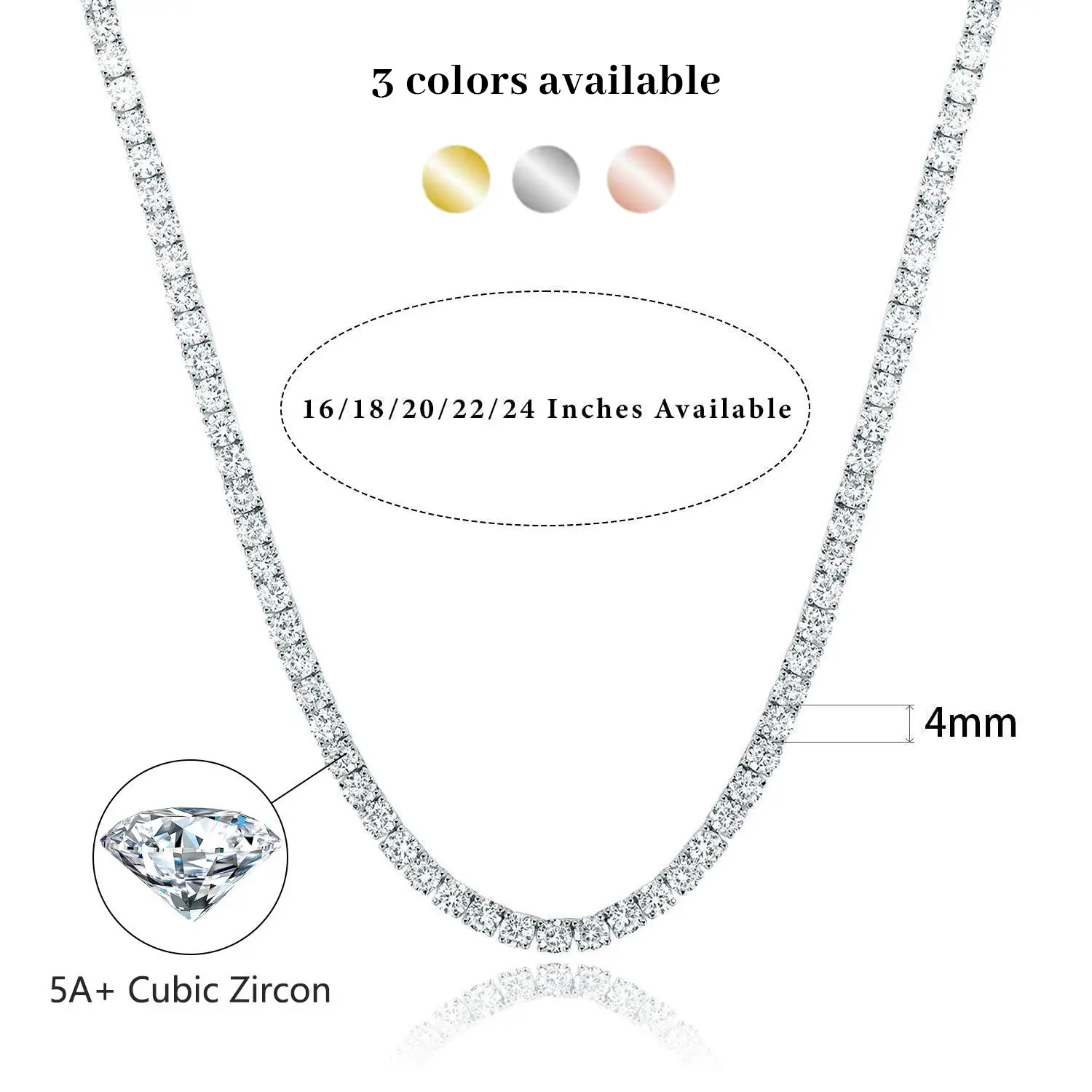 Cubic Zirconia Gemsme 3-6MM Tennis Necklace, Gold-Plated Brass Chain, Hiphop Pendant Jewelry for Men Women