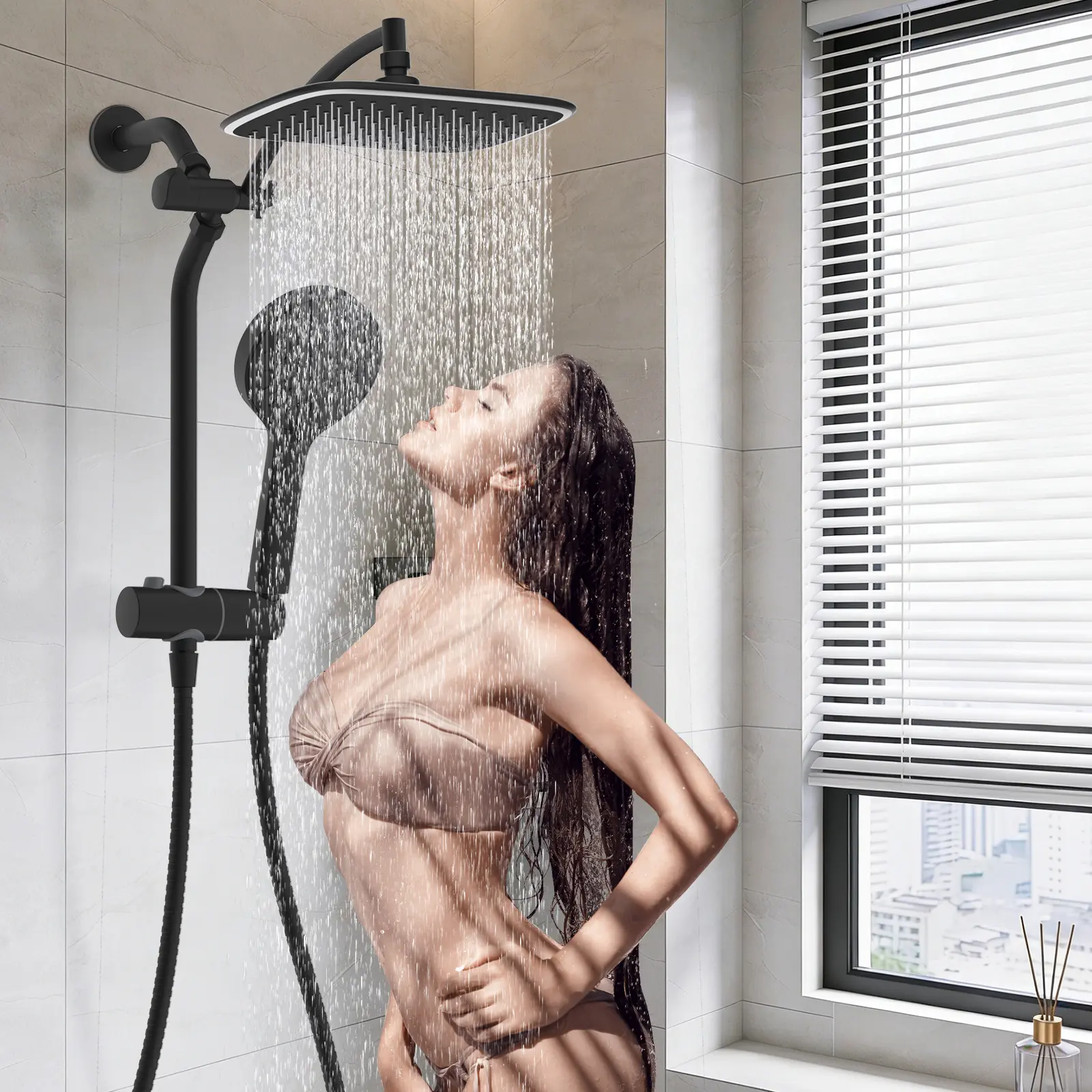 10" Black Rain Shower Head with Handheld, High Pressure Boosting Rainfall Showerhead with All Metal Adjustable Extension Arm, Easy Reach Shower Holder, 5 Spray Modes with Power Wash, Easy to Install