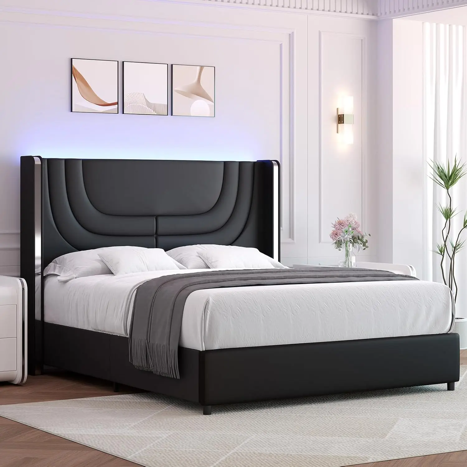 [SummerWins] HOMBCK Bed Frame with LED Lights, Faux Leather Upholstered Platform with Silver Wingback Headboard, Modern Style, No Box Spring Needed, Easy Assembly summer garden,fathers day gift ideas#home essentials#back to school