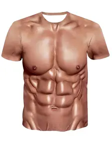 Men's Halloween 3D Muscle Funny Print T-Shirt, Realistic Abs Design, Casual Street Style Short Sleeve Round Neck Tee, All Seasons Wear