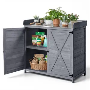 【Summervibes】VEVOR Potting Bench Table, Outdoor Gardening Wooden Storage Cabinet with 39 x 19 in Wood Tabletop, Garden Planting Workstation with Large Storage Space for Patio, Backyard, Gray