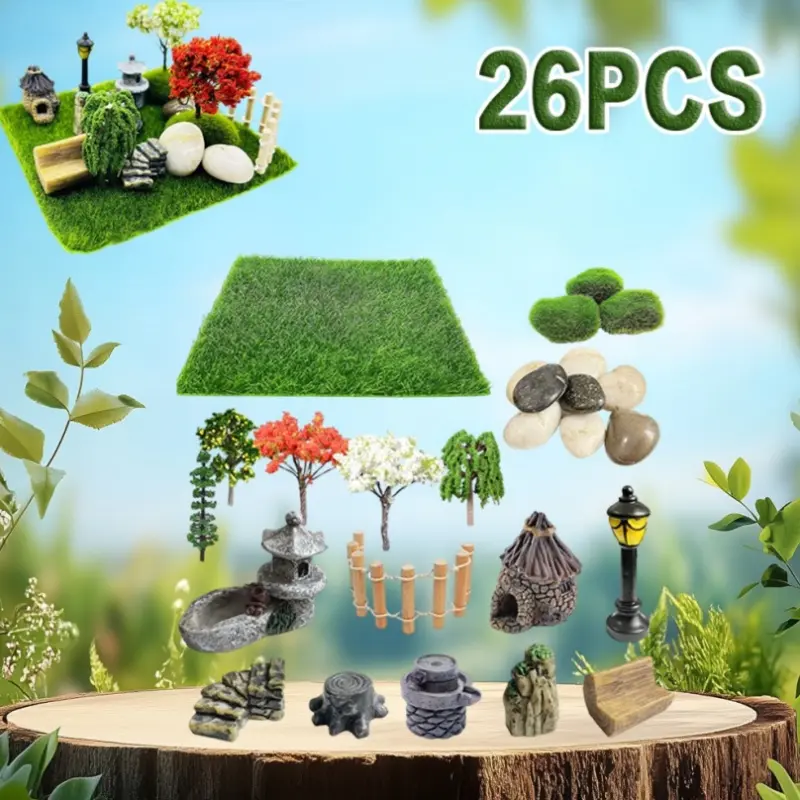 26 PCS Outdoor Fairy Garden Miniatures Kit - Garden Border Fence, Artificial Grass, Model Trees, Terrarium Ornaments, Dollhouse Supplies, Bonsai Decor Tools with Stone, Moss Ball, Lamp Post, Zen Elements, Tower Pool