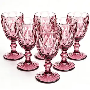 Vintage Wine Glasses Set of 6, 11.5 Ounces Wine Goblets Glassware Sets, Crystal Colored Drinking Glasses, Diamond Pattern Stemmed Goblet Set for Wedding Party Bar Restaurant Drinkware Glass Drinking Cups Beverage Romantic Peace Wine  lovers Gift