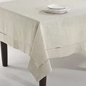 Saro Lifestyle 731.N6584B 65" x 84" Poly-Linen Blend Toscana Tablecloth, Hemstitch Border, Natural, Machine Washable Modern Solid Versatile Kitchen Linens Accessory