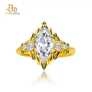 Delzzad 14K Gold-Plated 2.2ct Vintage Marquise Cut Leaf Cluster Engagement Ring Band VVS Synthetic Moissanite Ring Jewelry S925 Dainty Ring Band Flower Wedding Ring Perfect Birthday Engagement Wedding Anniversary Christmas Gift