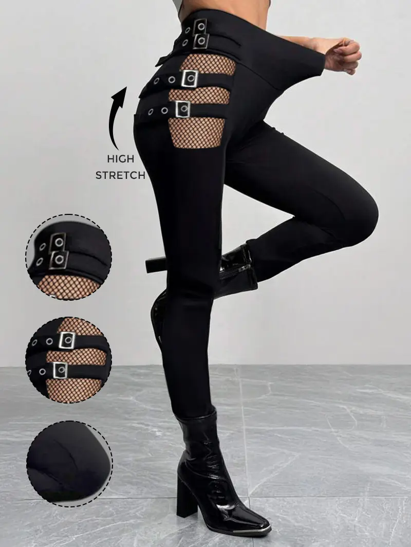 DRESSLILY 2026 Lady's Gothic Black Basic Trouser - High Waisted Skinny Long Bottom, Hollow Out Design, Square Buckle Strap, Fabric Pants for Summer Wear