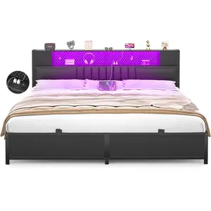 Unikito Queen Size Bed Frame with LED Light & Power Outlet, Platform Bed with Upholstered Headboard and Storage Cabinet, Luxury Cool Bed with Light, New Smart Bed, Sturdy Metal Slat Support, No Box Spring Needed, Noise-Free, Black