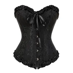Women's Lace Up Boned Overbust Corset Top Bustier Lingerie Bodyshaper Top Halloween Costumes Shapewear Gothic Party Outfit Floral Blue Witchy Clothing 819AJ-D