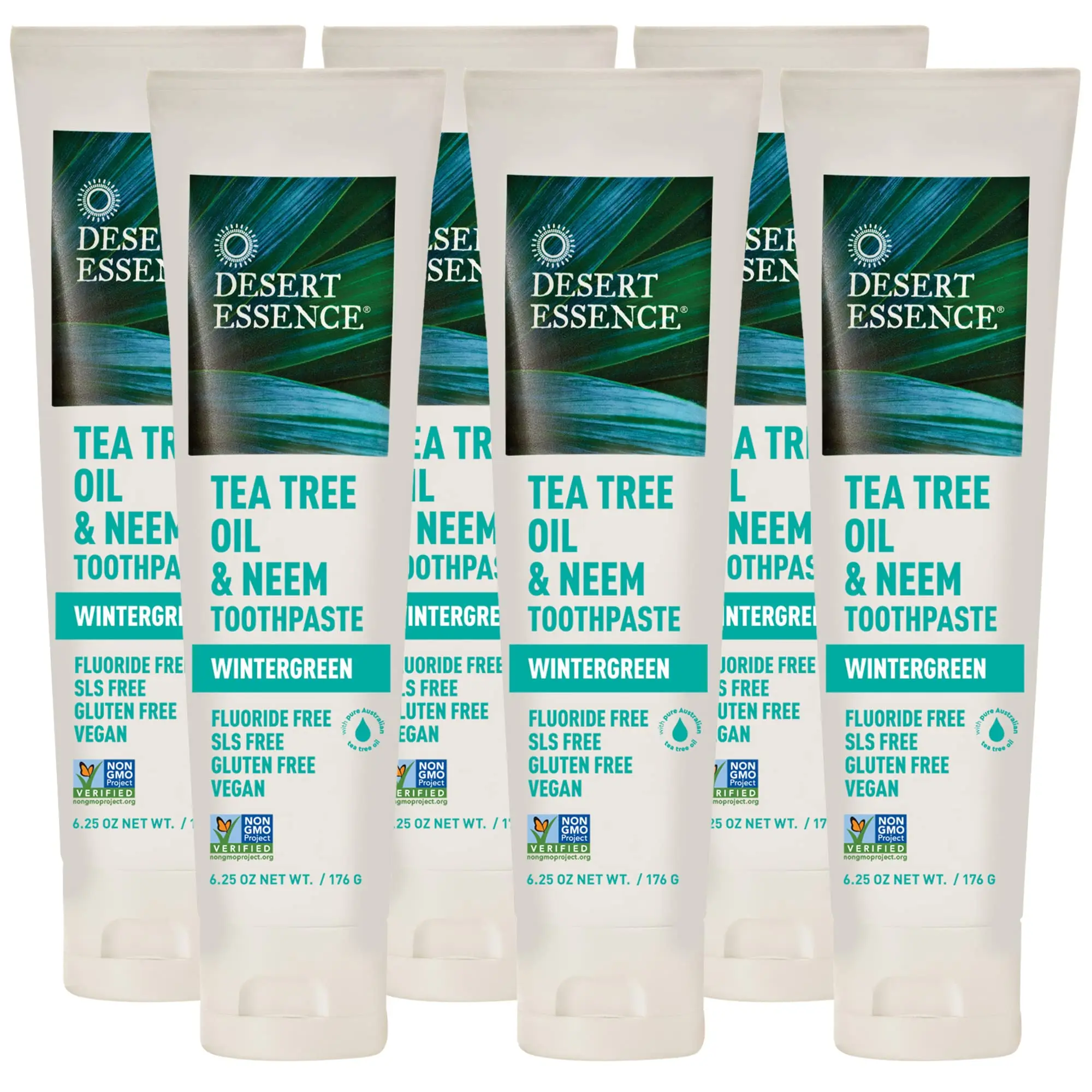 Desert Essence Fluoride-Free Toothpaste with Tea Tree Oil & Neem for Daily Oral Care, Wintergreen, 6.25 oz, 6 Pack, Gentle