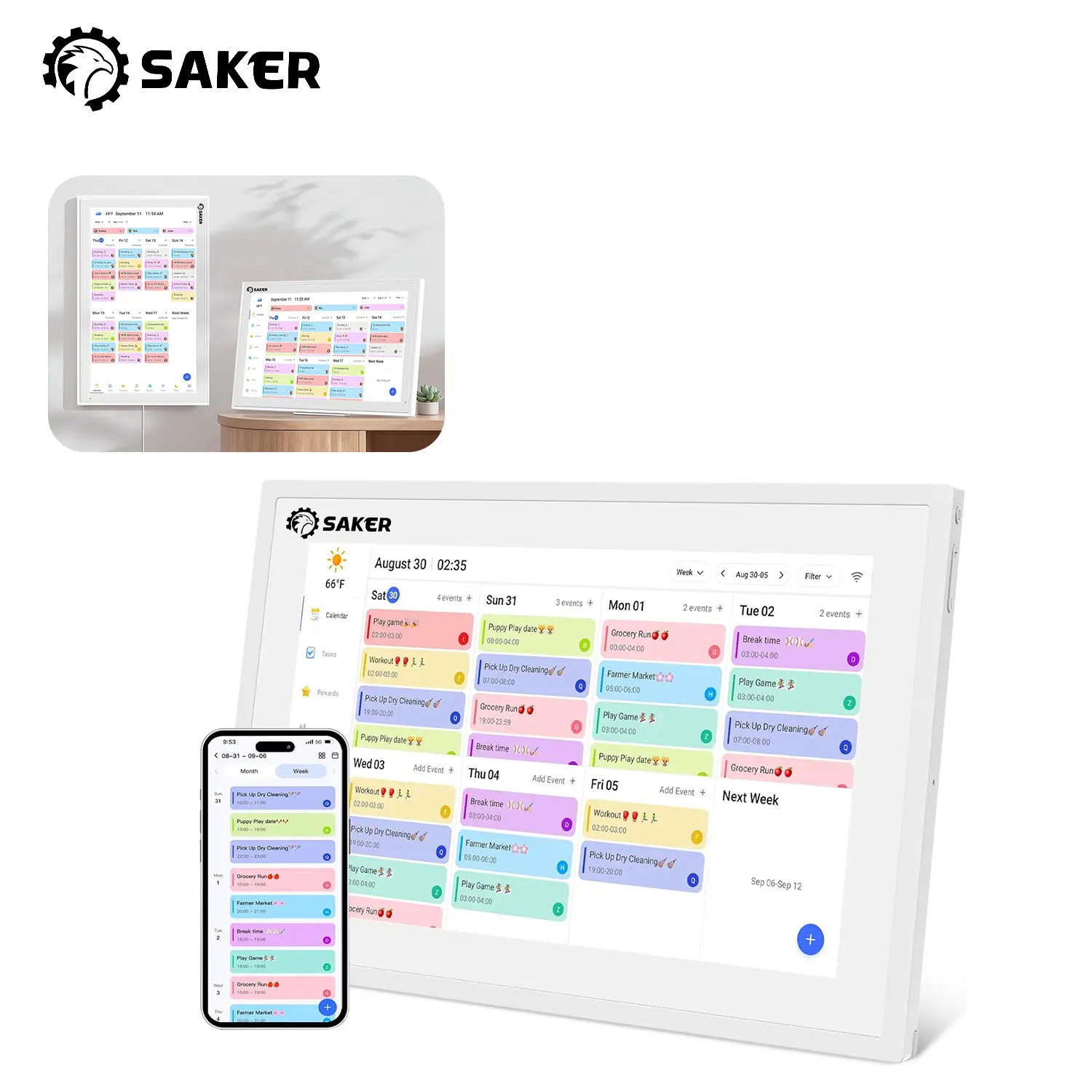 Saker 10.1" HD Smart Touch Screen Electronic Calendar - White Desktop Organiser for Home Office, with Weekly Planner, Duty Chart, To-Do List, Built-in Digital Photo Frame Function