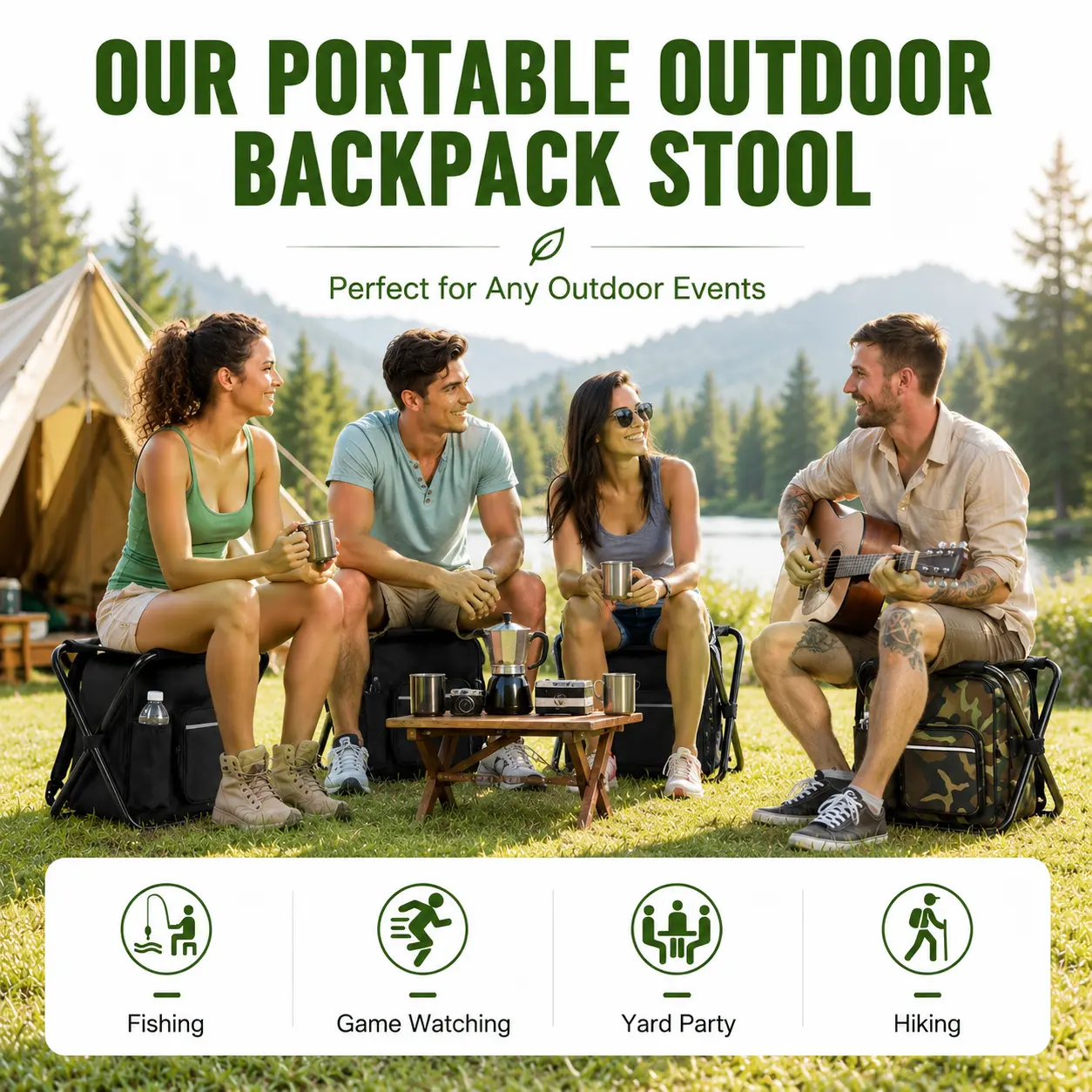 Folding Fishing Stool Backpack, 3-in-1 Portable Camo Oxford Chair with Insulated Cooler Bag for Camping & Hiking, Supports 300 lbs