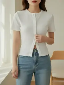 Women's Short Sleeve Button Front Ribbed Tee, Casual Basic Fitted Top for Daily Wear, Ladies Clothes for All Seasons