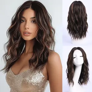Dark Brown Wig with Highlight Medium Length Wigs for Women Middle Part Synthetic Hair Wigs Mixed Wavy Highlights Natural Hair for Daily Party Use Colourful Wig Highlighted（18 inch）