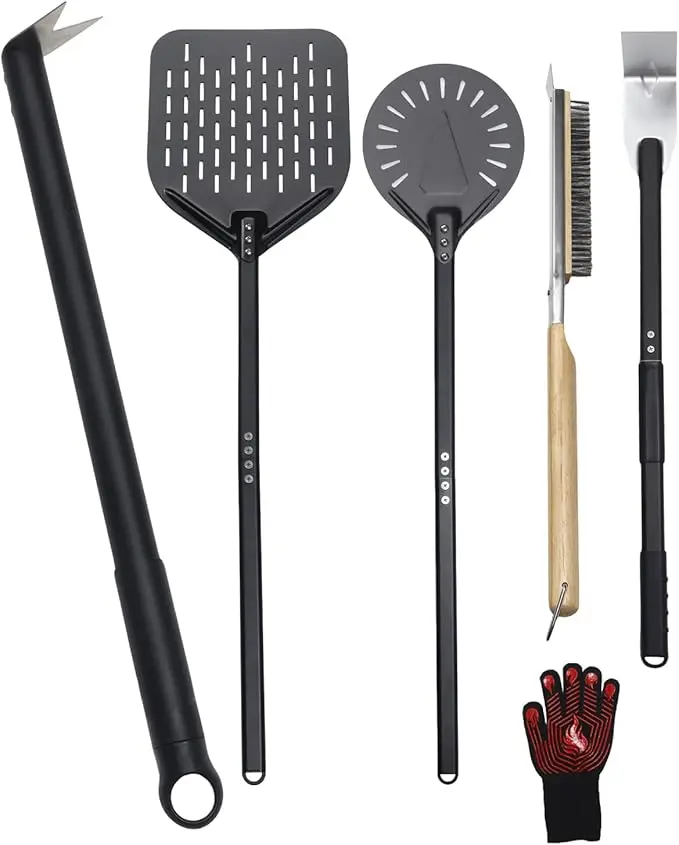 PROKITCHEN 6-Piece Complete Pizza Oven Tool Kit, Kitchenware Set with Multi-Size 9-in & 12-in Perforated Turning Peel, Pizza Brush, Ash Rake, Bubble Spinner Turning Fork, Heat-Resistant Oven Mitts, 40-in Aluminum Handle for Rectangular/Round Cooking Needs
