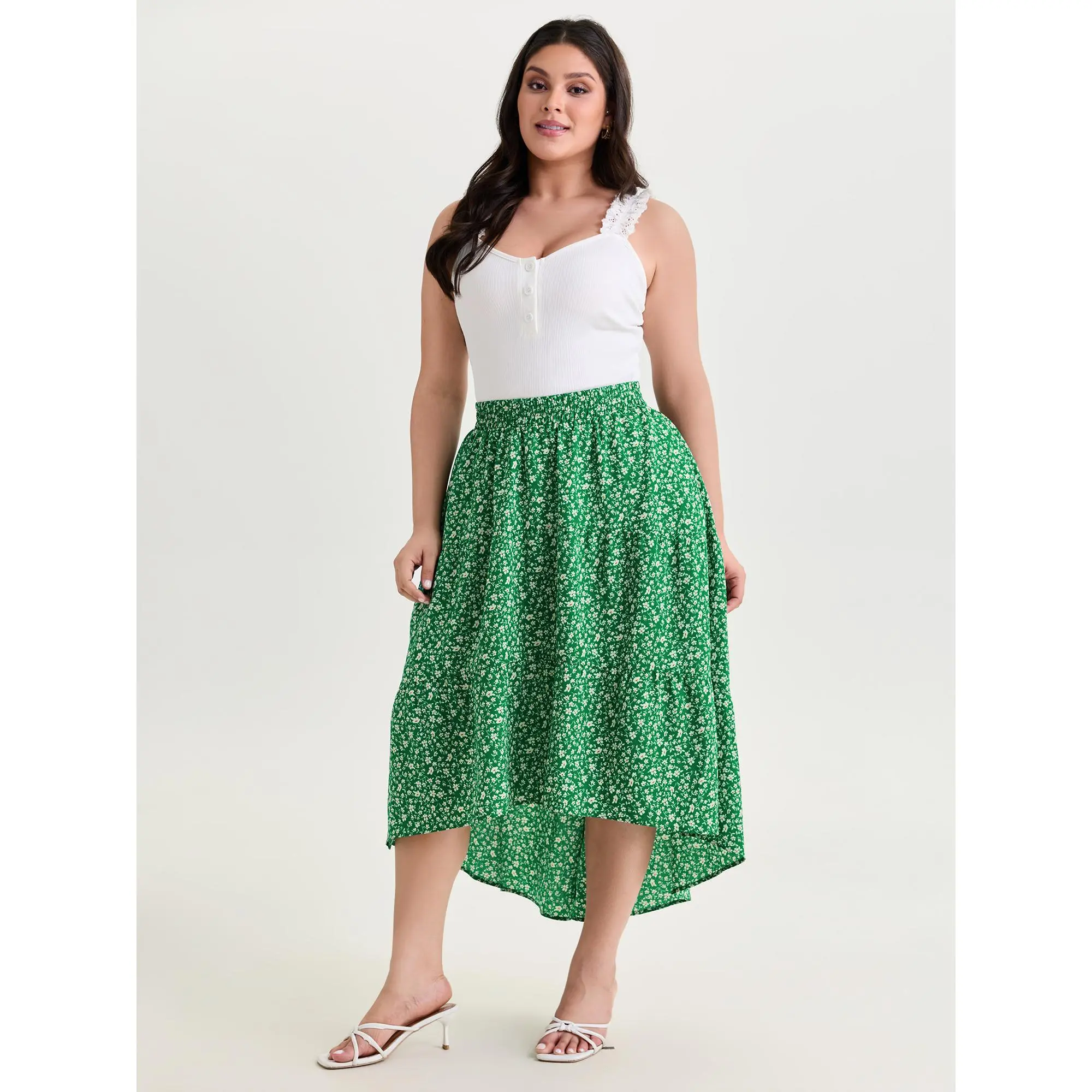 BloomChic Women's Plus Size Ditsy Floral Midi Skirt, Flowy Summer Style with Smocked Waist and Pockets, Spandex Blend, Midi Skirts, Flowy Skirts