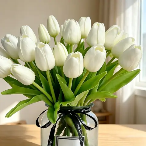20-Pack Real-Touch Cream Faux Tulip Stems (13.5in), PU Floral Decor with Fade-Resistant Flexible Design, Aesthetic Chic Home Decor for Living Room Vase Centerpieces, Low-Care Elegance Kitchen Supplies