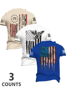 Retro Distressed Drip USA Flag Eagle Graphic Men's 3‑Piece Short Sleeve T‑Shirt Set, Patriotic 1776 We The People Casual Streetwear Tops, Independence Day Summer Daily Outdoor Everyday Wear Tees #springsaledeals2026 #summeroutfits #fyp #usapatrioticwear