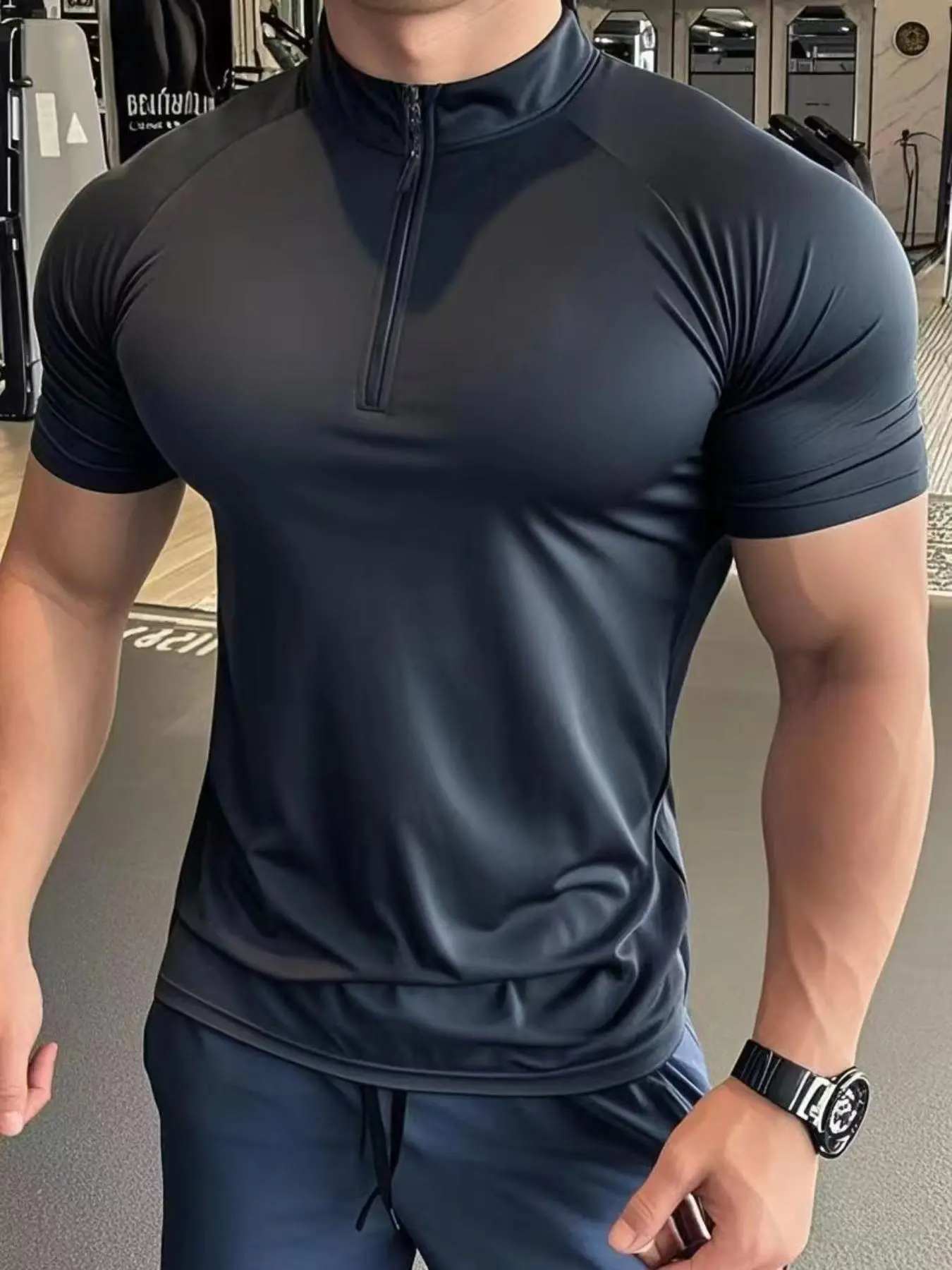 Men's Solid Half Zipper Slim Fit Short Sleeve T-Shirt, Casual Sports Fitness Wear for Summer, Stylish Minimalist Athletic Top, Casual Sports Tops, Athletic Sports Clothing, Gym Athletic Clothes, Athletic Workout Clothing, Casual Athletic Apparel