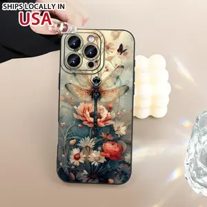 Fun Fashion Creative Dragonfly Flower Print Pattern Mobile Phone Case, Thick Full Body Protection, Shockproof And Drop-Proof TPU Soft Protective Cover,  16Iphone 15 14 13 12 11 XS XR X 7 8 Mini Plus Pro Max S