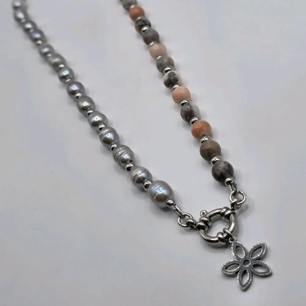 Blush Bloom Necklace | Pink Zebra Jasper & Gray Pearls