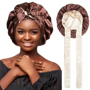 Double-Layer Brown&champagne Satin Bonnet Sleep Cap for Women Curly Hair Wrap for Sleeping Cap Adjustable Reversible Bonnets with Tie Band Night Cap,summervibes
