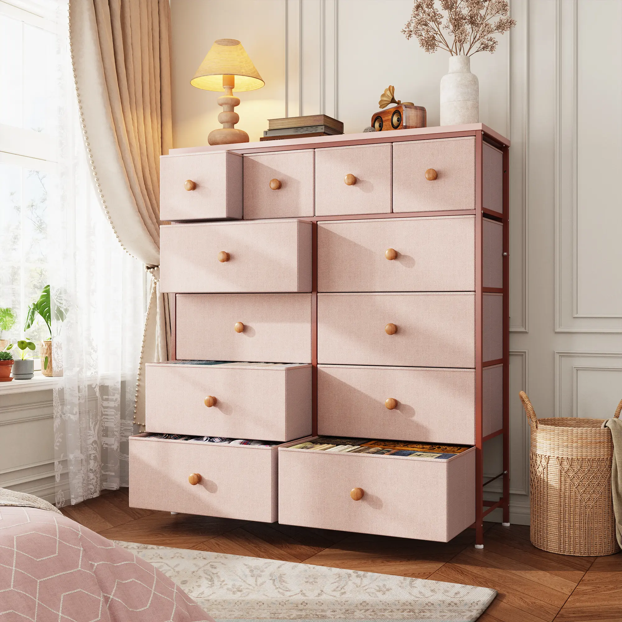 【New Size】RaybeeFurniture 12 Tall Pink Dresser for Bedroom, Modern Fabric Storage Tower, Multi-Functional Chest of Drawers for Bedroom, Living Room, Hallway, Closet, Space-Saving Organizer for Small Spaces, Apartment, Dorm Room Furniture