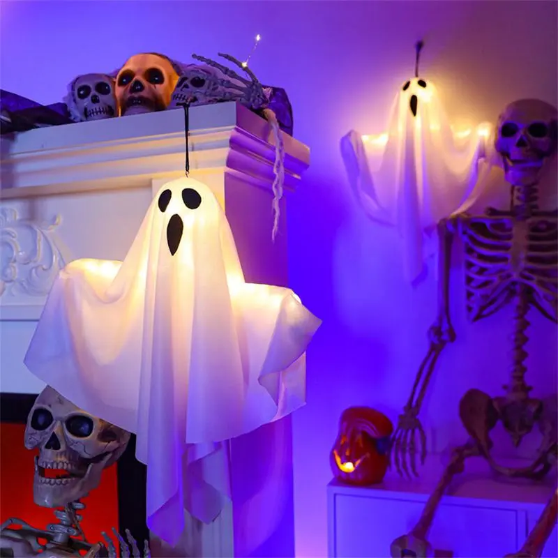 20 Inch Halloween Floating Ghost Figures with String LED Lights - Adjustable Spooky Holiday Effects Decorations for Front Porch Outdoor Home Supplies, Festive