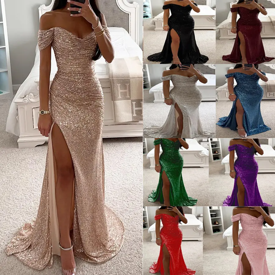 Women's Sequined Strapless Straight Neck Maxi Dress - Sparkle Full Skirt with Slit, Champagne Glam Style Formal Evening Gown for Bachelorette Party, Party Fit Wedding Guest Events, Long Dramatic Party Dresses, Below The Ankle