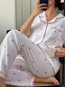 Valentine's Day 2-Piece Set, Heart Print Button-Up Top & Elastic Waist Pants, Soft Fabric, Casual Women's Homewear, All Seasons