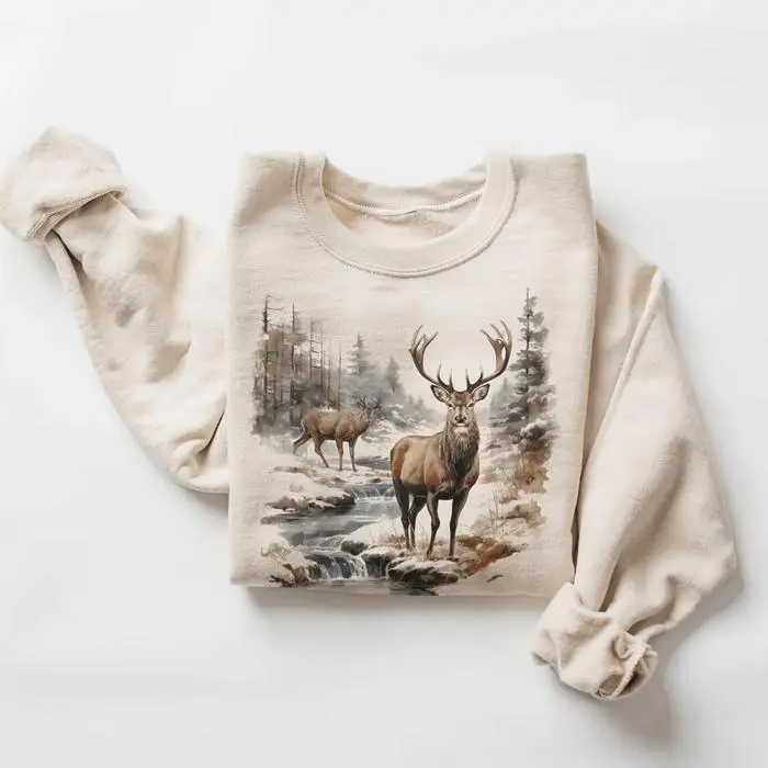 [Sale off up to 50%] Retro Deer Sweatshirt, Hunting, Forest Deer Sweater, Rustic Deer Print Pullover, Animal Lover Shirt, Comfort Unisex Casual for Men Women, Graphic Streetwear shirt