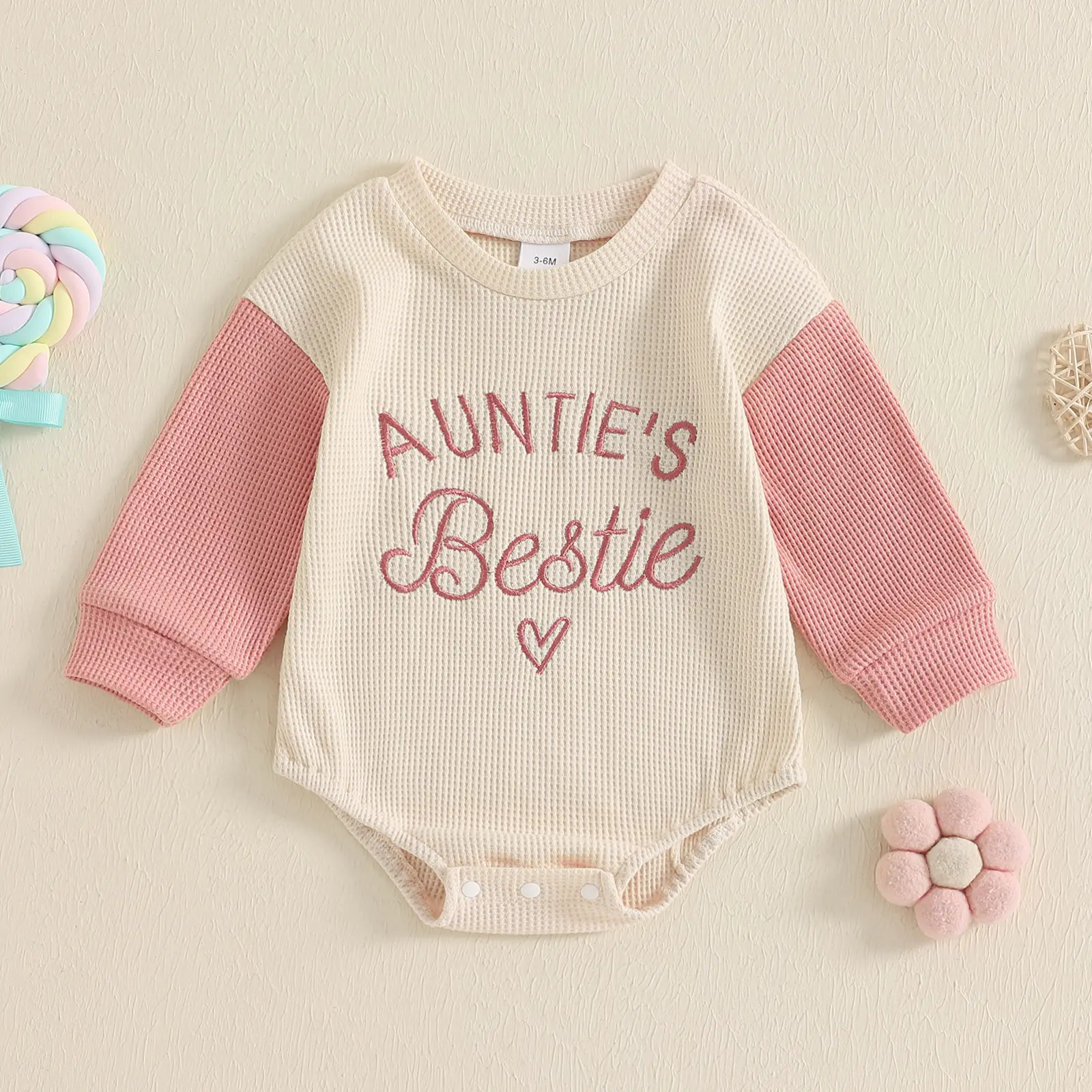 Infant Baby Girl Waffle Romper Bubble Sweatshirt Long Sleeve Aunties Bestie Embroidery Bodysuit Spring Fall Winter Outfit 0-18 Months