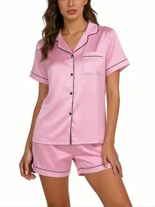DUTUT Women's Satin Pajamas sets Short Sleeve Sleepwear Soft Silk Button Down Loungewear Pjs Shorts Set