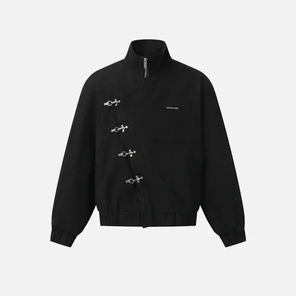 Aelfric Eden Metal Button Boxy Jacket Black Long Sleeve Stand Collar Slant Placket Unisex Fashion Street Jacket Retro Y2K