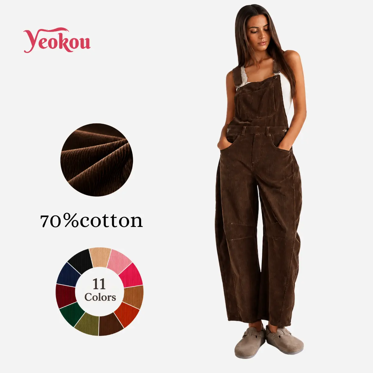 Yeokou Women's Fitted Corduroy Overalls for Women Barrel Wide Leg Bib Jumpsuit with Pockets, Adjustable Wide-Leg Design with Pockets, Women's Fashion Staple, Barrel Overalls, Style Overalls